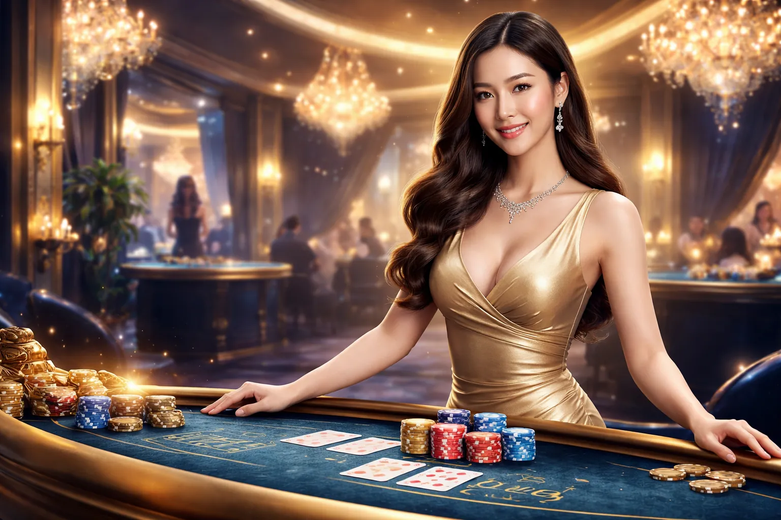 Banner quảng cáo khuyến mãi dành cho game máy đánh bạc, với các biểu tượng tiền vàng và vòng quay miễn phí